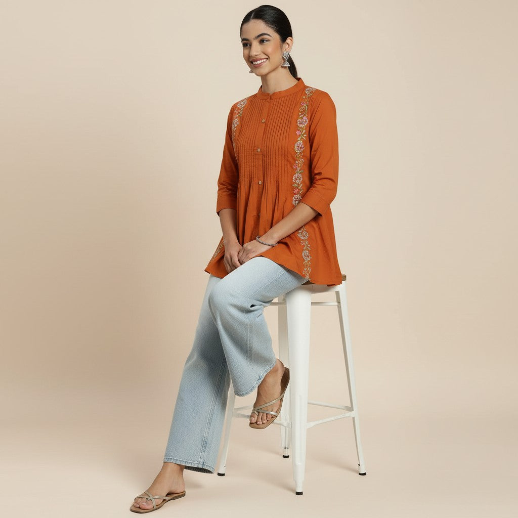 Women’s Burnt Orange Cotton Pleated & Embroidered Short Top