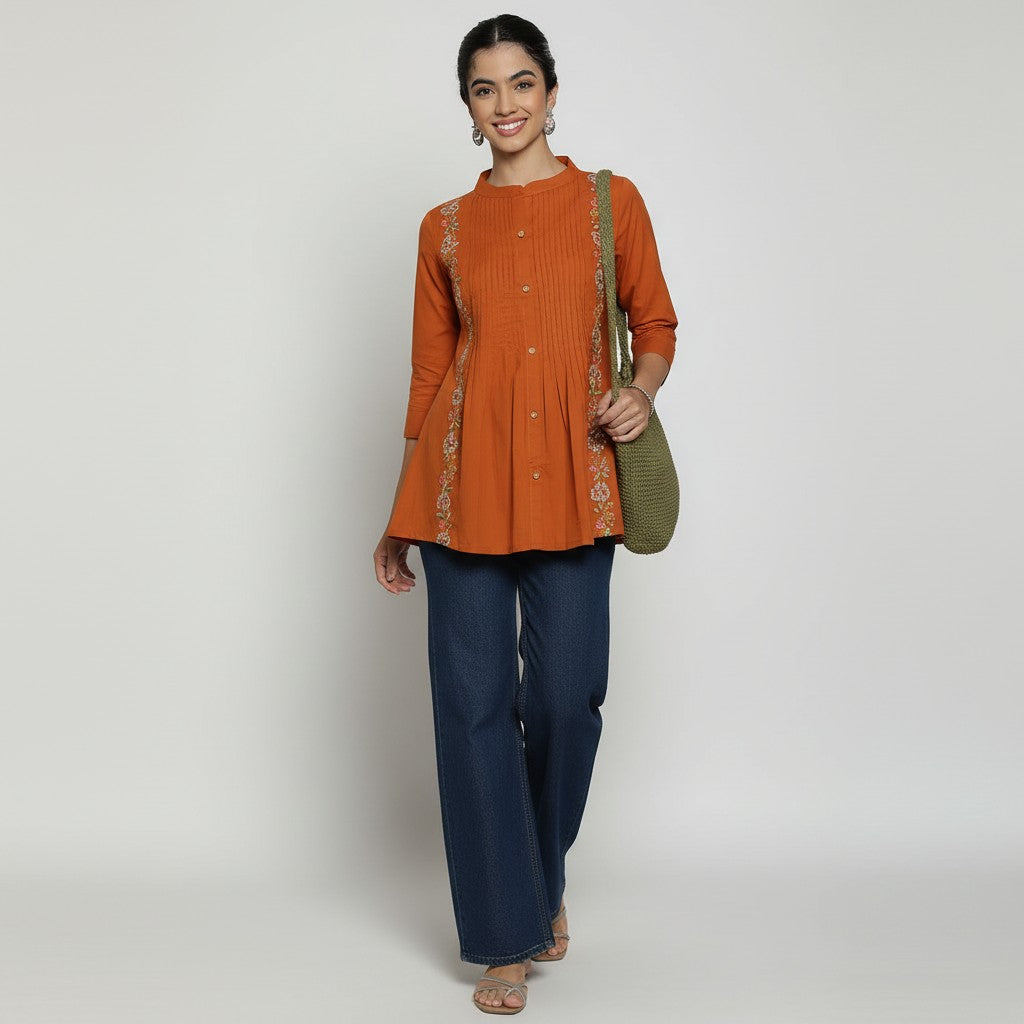Women’s Burnt Orange Cotton Pleated & Embroidered Short Top