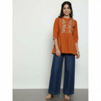 Women’s Rust Orange Cotton Embroidered Short Top