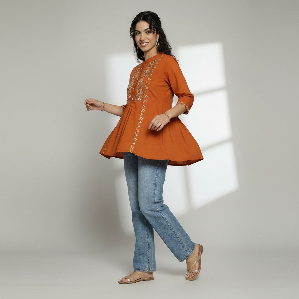 Women’s Rust Orange Cotton Embroidered Short Top