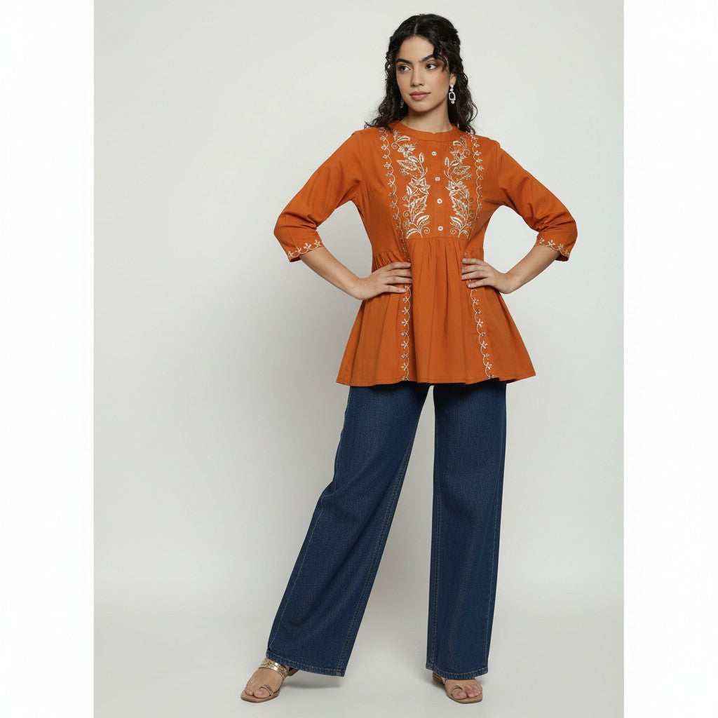 Women’s Rust Orange Cotton Embroidered Short Top