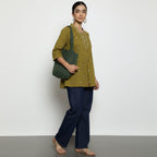 Women’s Olive Green Cotton Embroidered Short Top