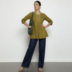 Women’s Olive Green Cotton Embroidered Short Top