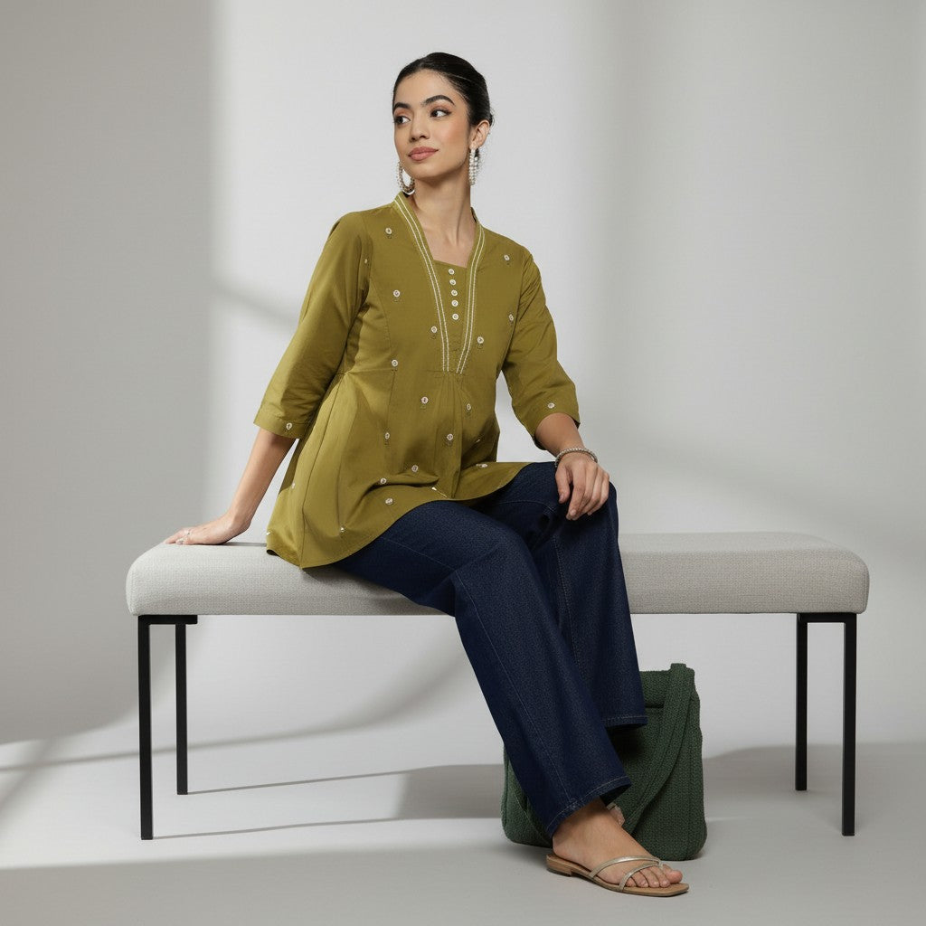 Women’s Olive Green Cotton Embroidered Short Top