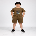 Boys Casual Co-ord Set – Printed Cotton T-shirt & Shorts (Olive Brown)
