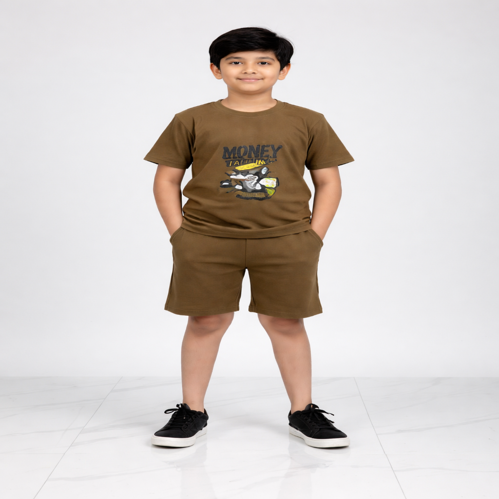 Boys Casual Co-ord Set – Printed Cotton T-shirt & Shorts (Olive Brown)