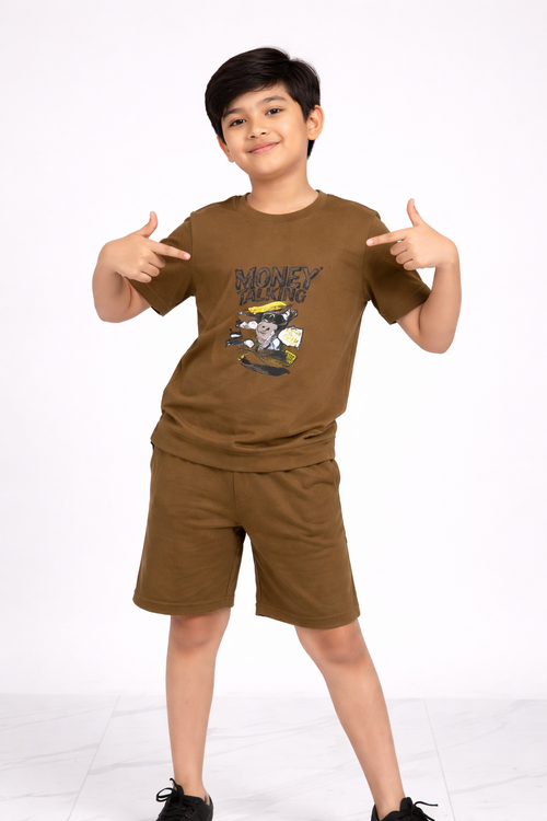 Boys Casual Co-ord Set – Printed Cotton T-shirt & Shorts (Olive Brown)