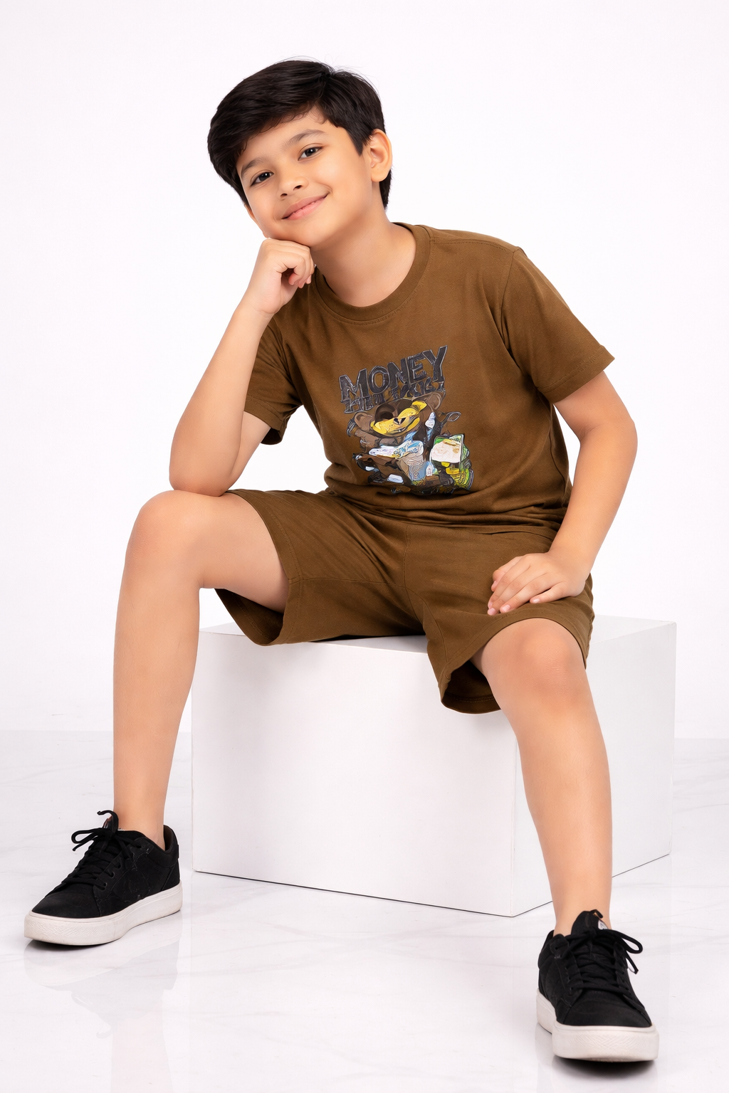 Boys Casual Co-ord Set – Printed Cotton T-shirt & Shorts (Olive Brown)