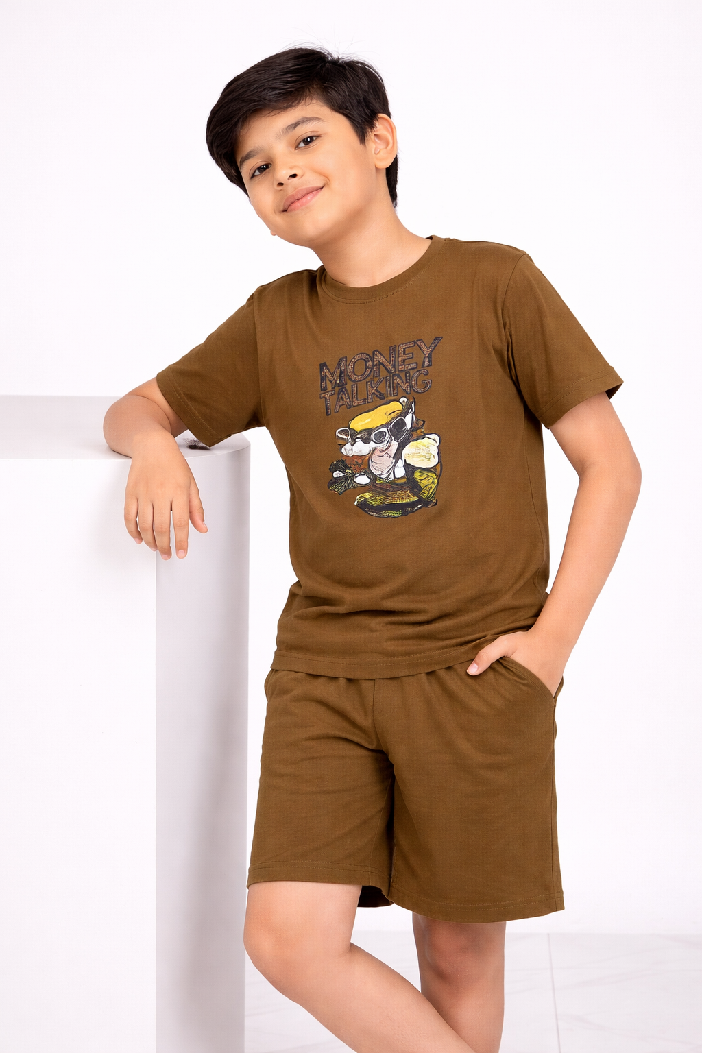 Boys Casual Co-ord Set – Printed Cotton T-shirt & Shorts (Olive Brown)