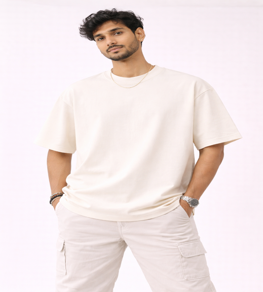 Off White Oversized T-Shirt for Men | 240 GSM Premium French Terry Cotton | Streetwear Drop Shoulder Tee
