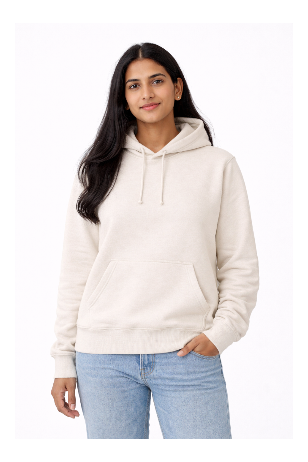 Woman wearing a white hoodie and light blue jeans on a white background