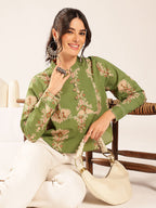 Premium Olive Green Cotton Printed Top for Women