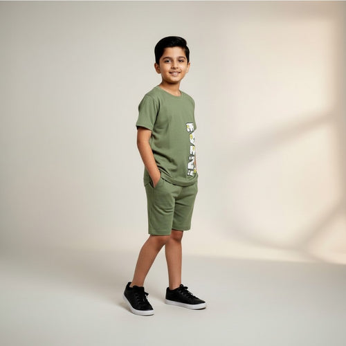 Boys Printed Cotton Set – “DON’T EVEN” Graphic T-shirt & Shorts (Olive Green)
