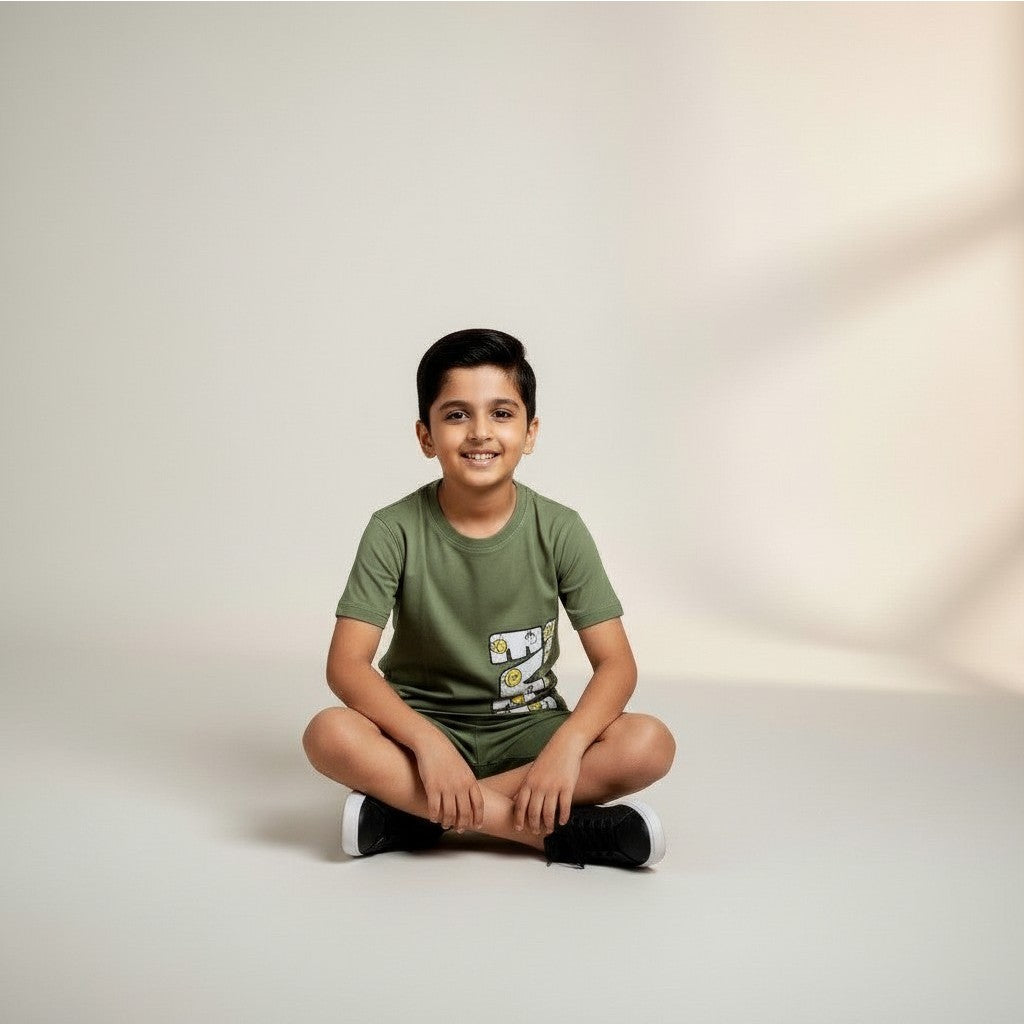 Boys Printed Cotton Set – “DON’T EVEN” Graphic T-shirt & Shorts (Olive Green)