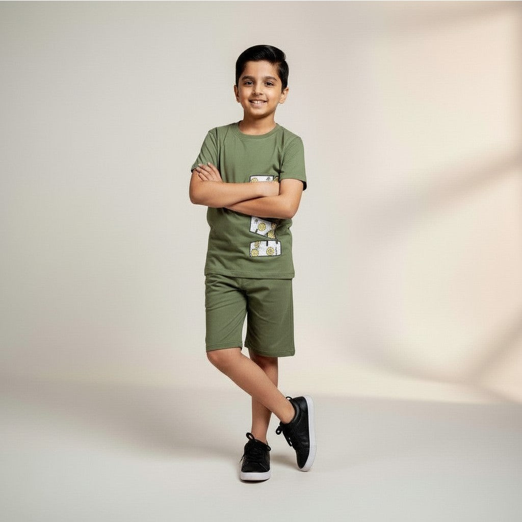 Boys Printed Cotton Set – “DON’T EVEN” Graphic T-shirt & Shorts (Olive Green)