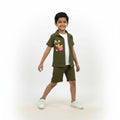 Boys Olive Green Set – Teddy Print Shirt with Shorts