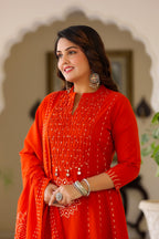 Vibrant Orange Cotton Kurta Pant Dupatta Set for Women