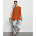 Women’s Burnt Orange Cotton Pleated & Embroidered Short Top