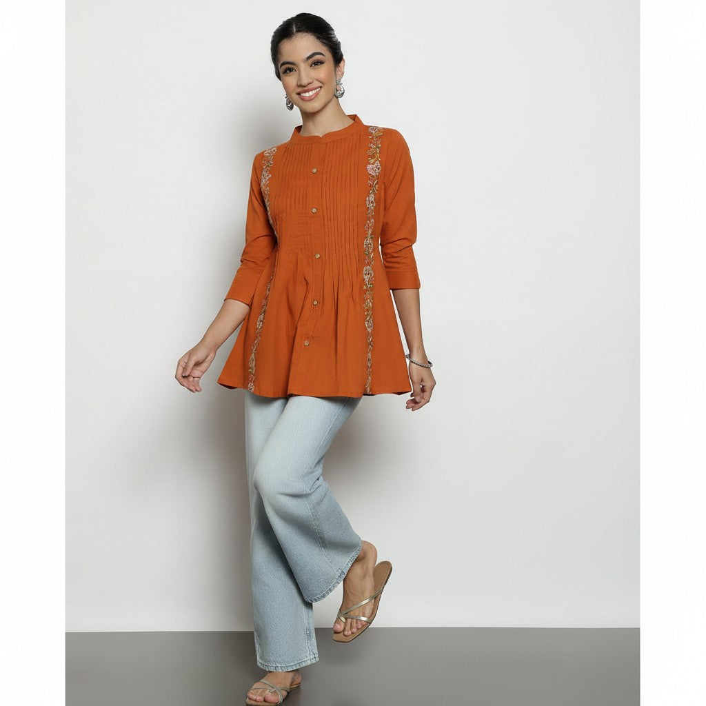 Women’s Burnt Orange Cotton Pleated & Embroidered Short Top