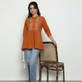 Women’s Rust Orange Cotton Embroidered Short Top