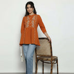 Women’s Rust Orange Cotton Embroidered Short Top