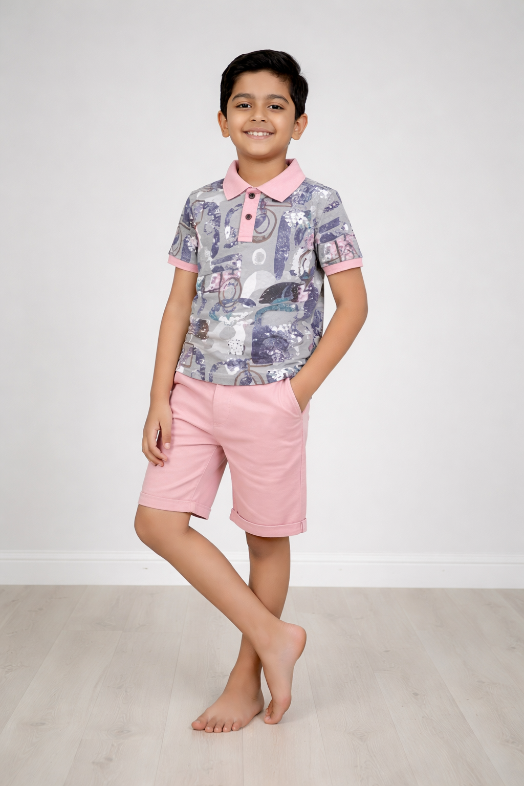 Boys Printed Polo Collar T-Shirt & Shorts Set – Pink | Looper Fabric Kids Co-ord