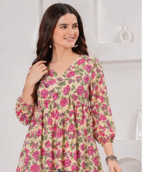 Beige Floral Printed Cotton Alia Top