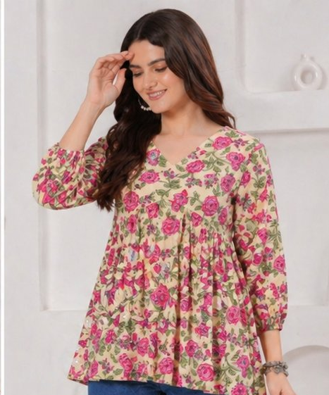 Beige Floral Printed Cotton Alia Top