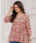 Beige Floral Printed Cotton Alia Top