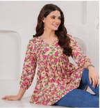Beige Floral Printed Cotton Alia Top