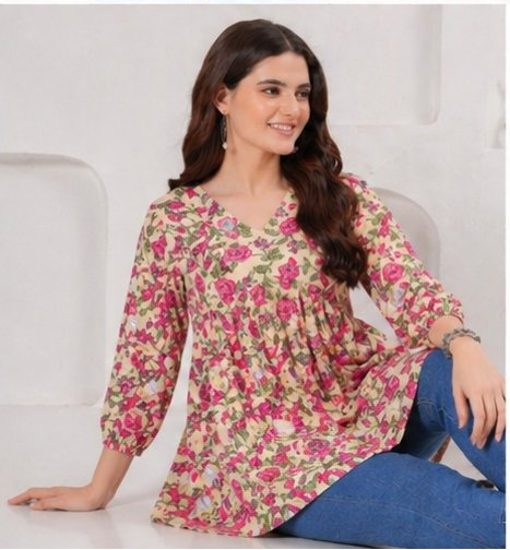 Beige Floral Printed Cotton Alia Top