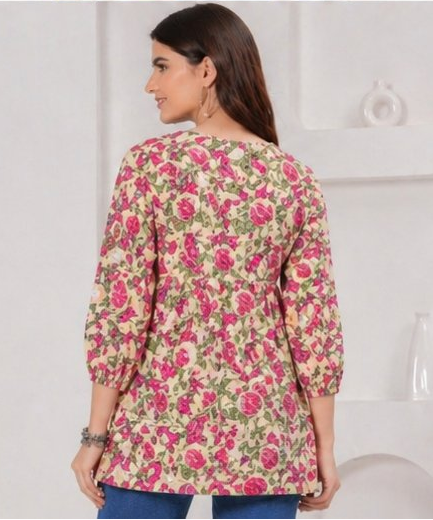 Beige Floral Printed Cotton Alia Top