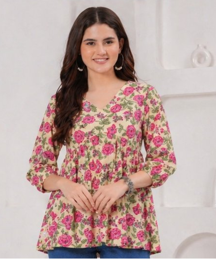 Beige Floral Printed Cotton Alia Top