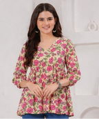 Beige Floral Printed Cotton Alia Top