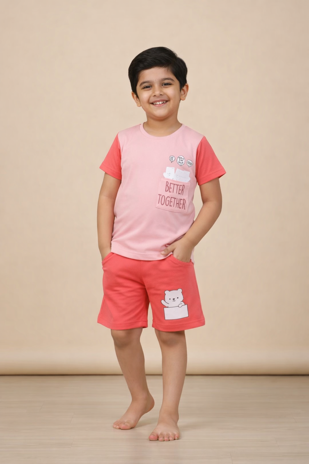 Kids Printed T-Shirt & Shorts Set with Pocket – Pink & Coral | Micro Looper Fabric Co-ord