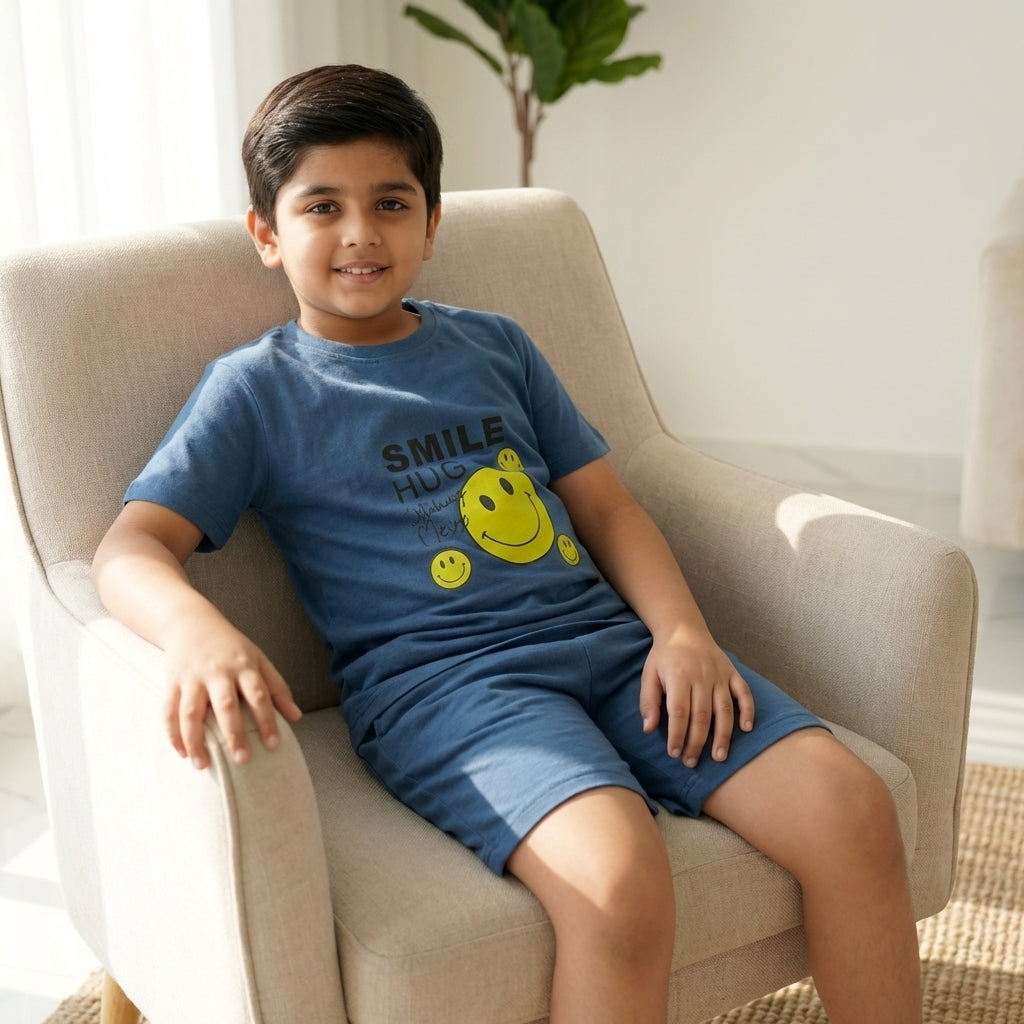 Boys Printed Cotton Set – “SMILE HUG” Graphic T-shirt & Shorts (Classic Blue)