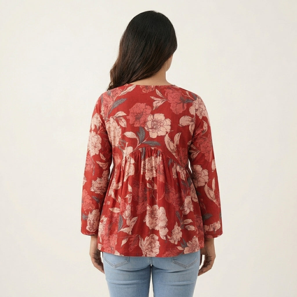 Women’s Red Floral Alia Top | Premium Soft Cotton | V-Neck | Full Sleeves