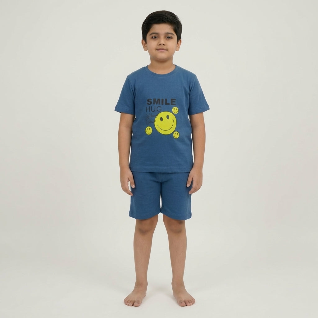 Boys Printed Cotton Set – “SMILE HUG” Graphic T-shirt & Shorts (Classic Blue)