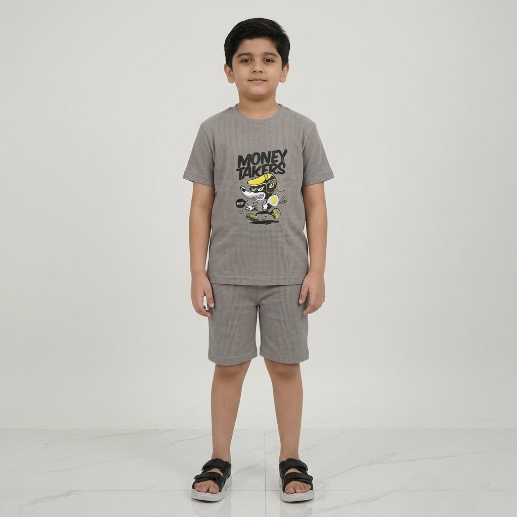 Boys Printed Cotton Set – “Money Takers” Graphic T-shirt & Shorts (Grey)
