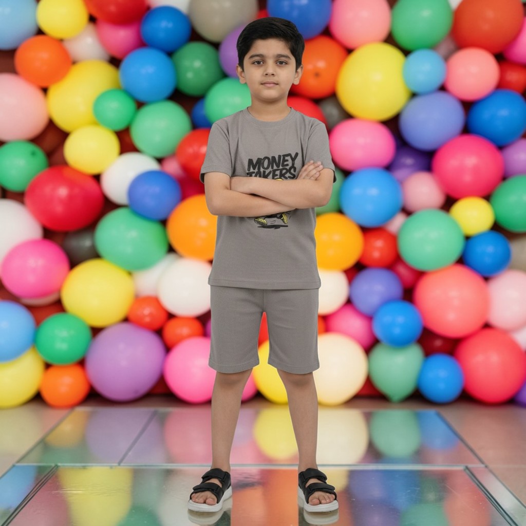 Boys Printed Cotton Set – “Money Takers” Graphic T-shirt & Shorts (Grey)