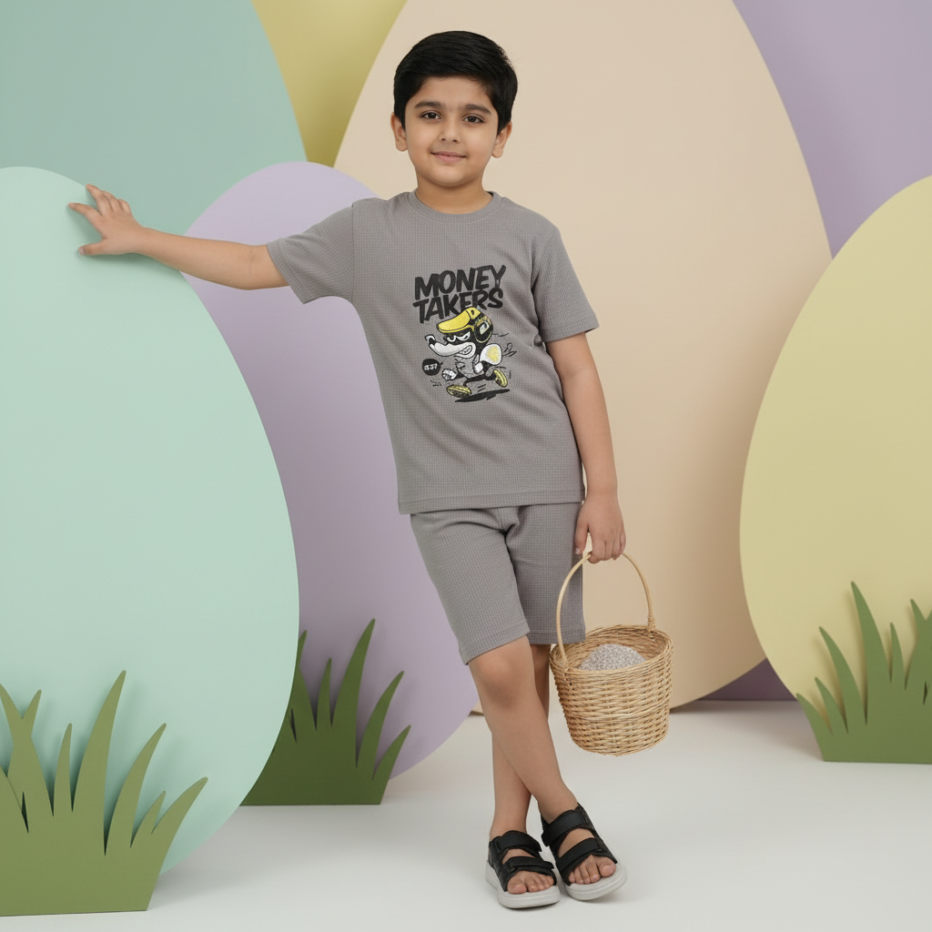 Boys Printed Cotton Set – “Money Takers” Graphic T-shirt & Shorts (Grey)