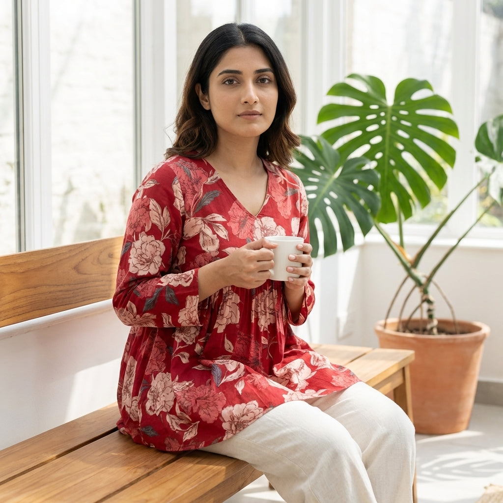 Women’s Red Floral Alia Top | Premium Soft Cotton | V-Neck | Full Sleeves