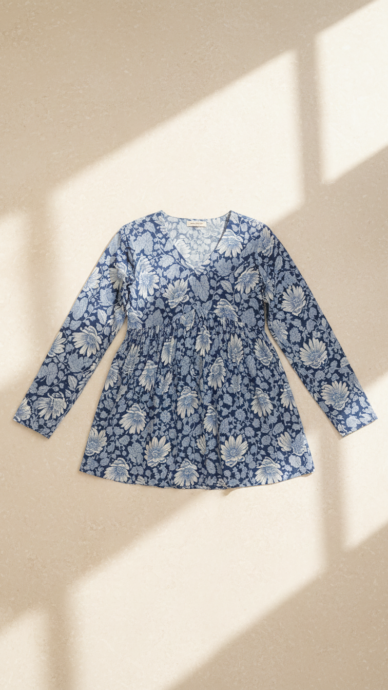 Women Dusty Blue Floral Cotton Tunic Top – Soft & Breathable