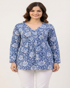 Women Dusty Blue Floral Cotton Tunic Top – Soft & Breathable