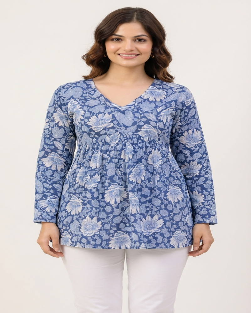 Women Dusty Blue Floral Cotton Tunic Top – Soft & Breathable