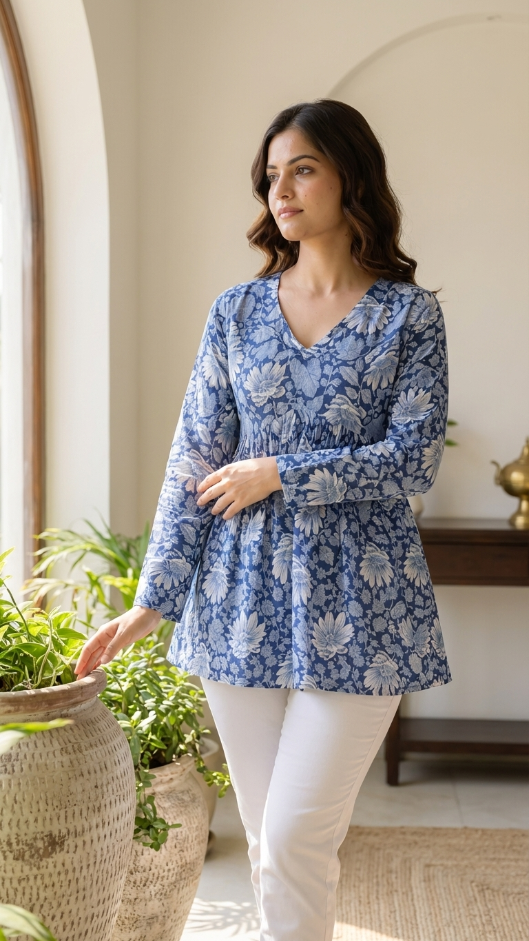 Women Dusty Blue Floral Cotton Tunic Top – Soft & Breathable