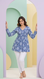 Women Dusty Blue Floral Cotton Tunic Top – Soft & Breathable