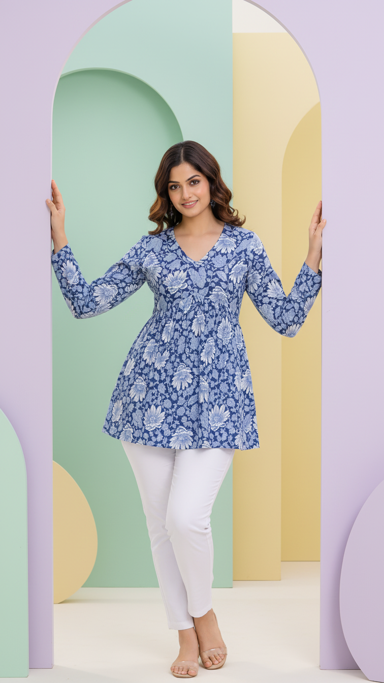 Women Dusty Blue Floral Cotton Tunic Top – Soft & Breathable