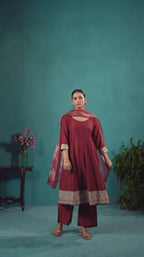 Wine Chinnon Embroidered Straight Kurta Set
