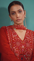 Rust Silk Blend Embroidered and Mirrorworka Straight Kurta Set with Choker Net Dupatta
